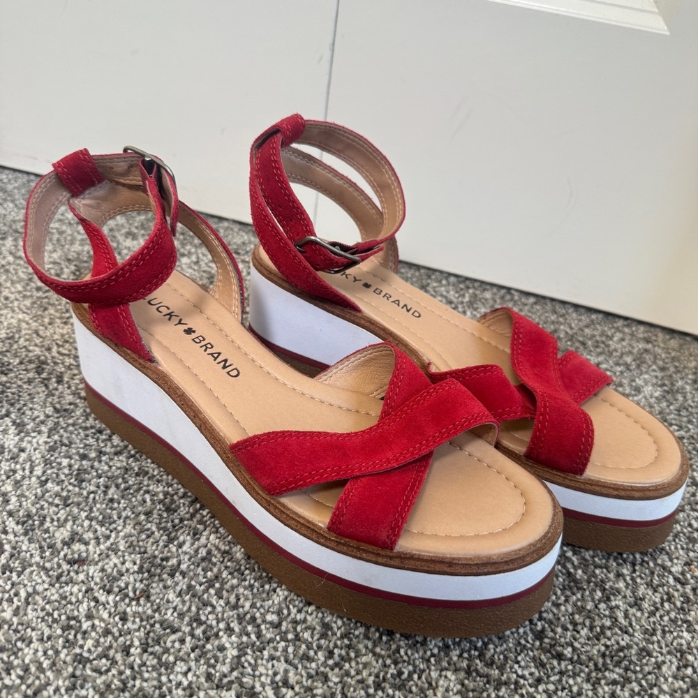 Lucky Brand Tarhi Wedge Platform Sandals Red Suede Leather Women's Size 7.5